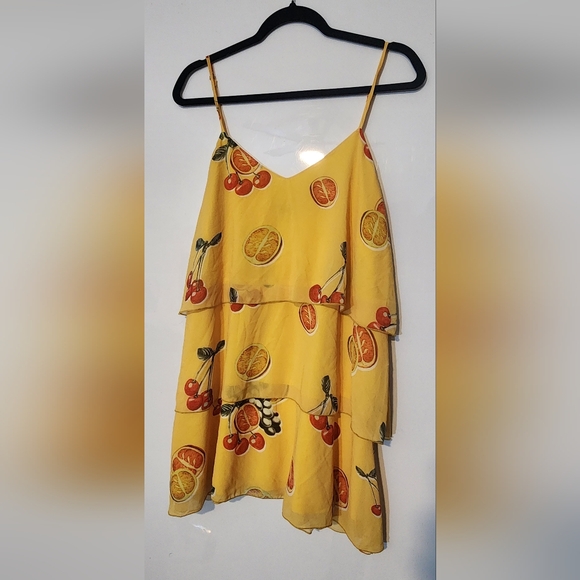 016 SHOW ME YOUR MUMU SUAREZ RUFFLE DRESS Yellow Fruit Print Layered Dress - Picture 4 of 12